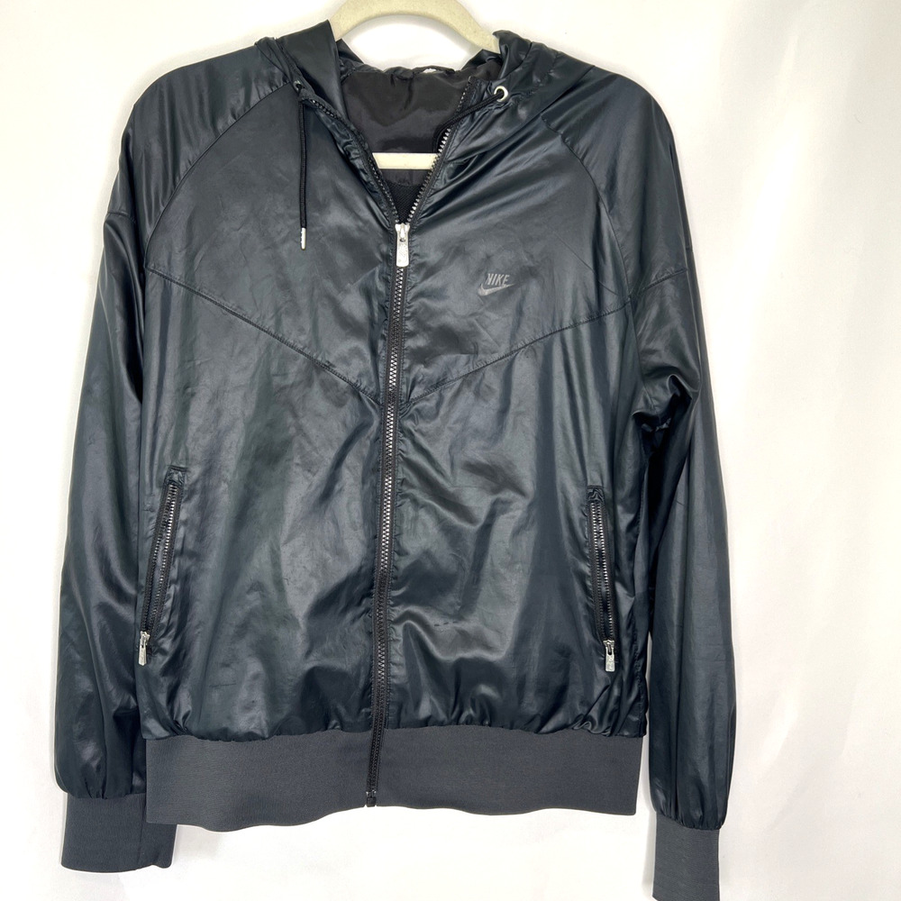 Nike Jacket Womens Size XL Solid Black The Windrunner Windbreaker Hood Full Zip